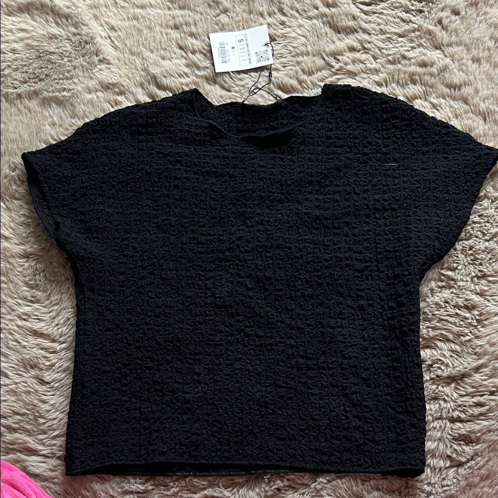 Zara Black Textured Short Sleeve Top